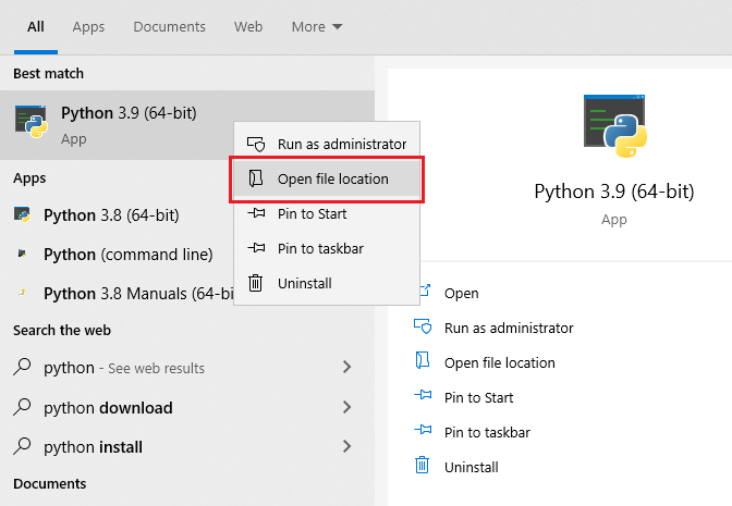 /images/python-is-not-recognized/windows-start-python-open-file-location.png